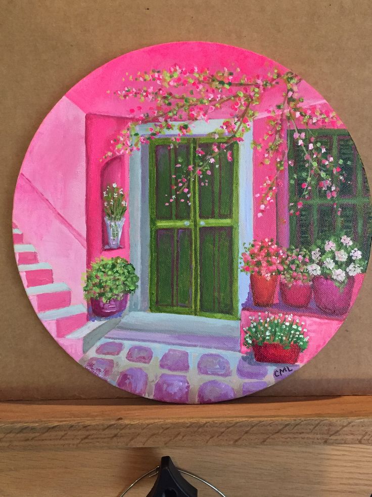 a painting of a green door with pink flowers and potted plants on the ledge