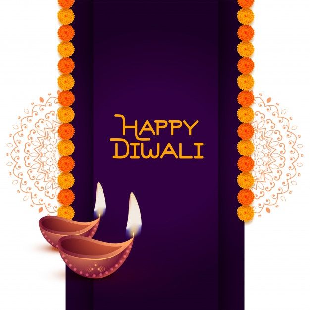 happy diwali greeting card with two candles on purple and orange background for diwali festival