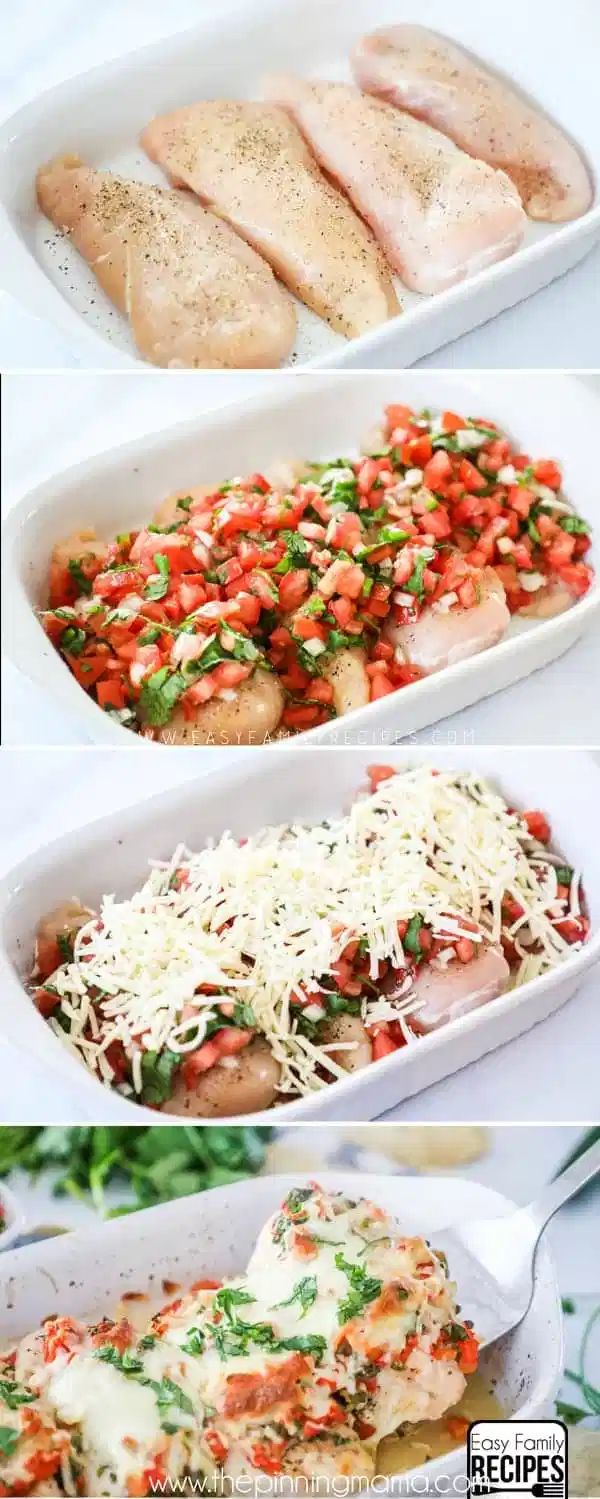 three different pictures of food in white dishes and one with chicken, cheese, tomatoes and parmesan