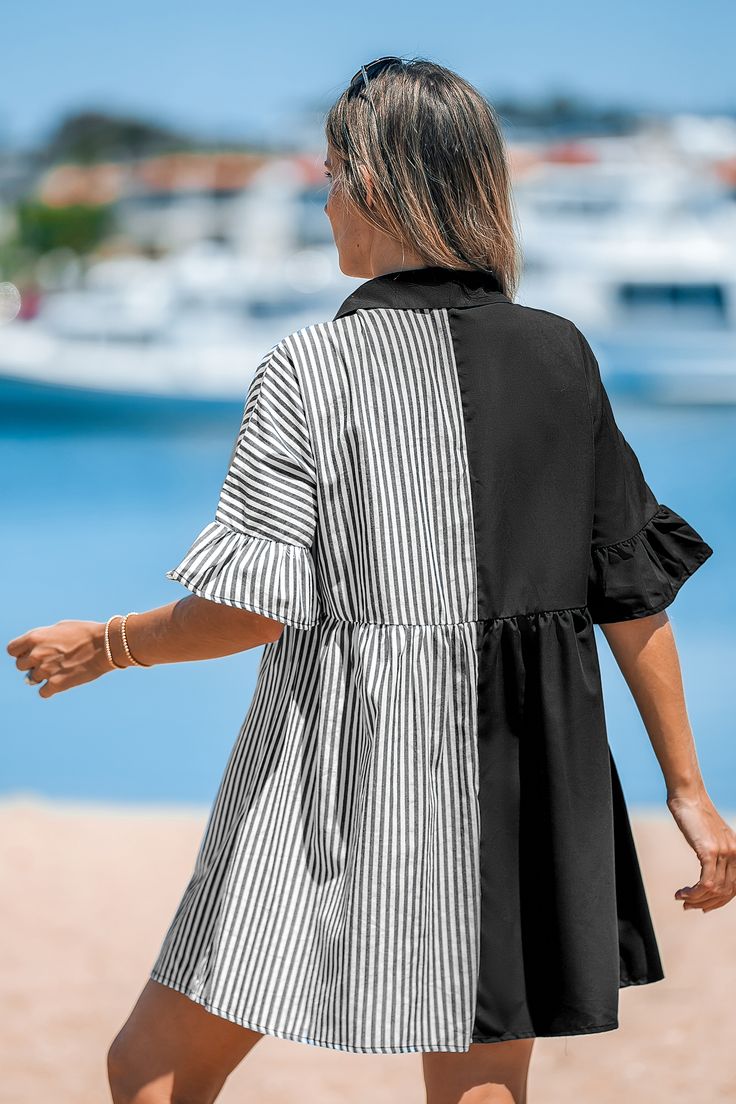 Turn heads with our Striped Two-Tone Shirt Dress! Combining bold stripes and contrasting tones, this dress offers a fresh and sophisticated look for any occasion. Product code: CAA05A4F021AC Features:  Woven Basic collar Dropped ¾ sleeves Ruffled cuffs Half-button placket Mini A-line silhouette Pattern: Stripes Wash Method: Regular Wash Material: 100%COTTON. Chic Vertical Stripe Shirt Dress, Chic Striped Short Sleeve Mini Dress, Chic Short Sleeve Dress With Striped Collar, Spring Workwear Dresses With Contrast Stripes, Chic Striped Mini Dress With Short Sleeves, Black Vertical Stripes Summer Dress, Summer Dress With Striped Collar And Short Sleeves, Short Sleeve Dresses With Vertical Stripes For Work, Chic White Dress With Striped Collar