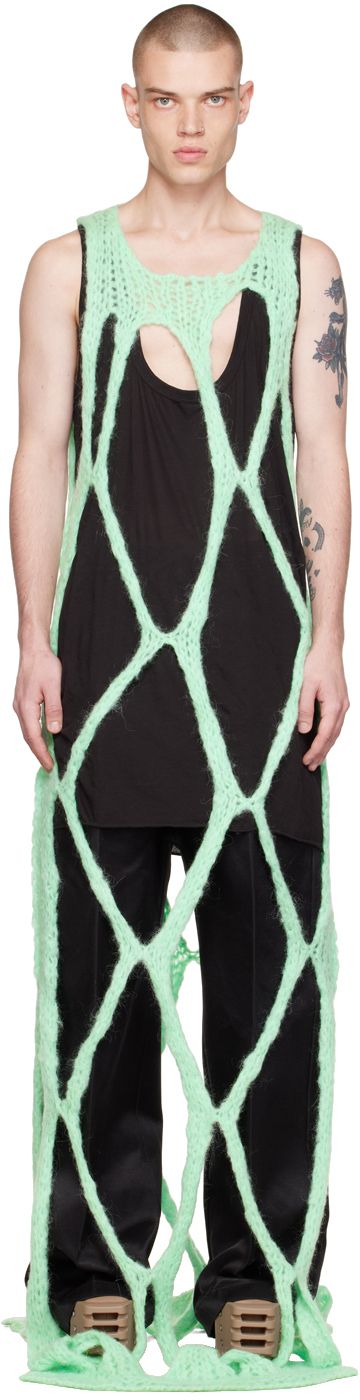 Open knit mohair and alpaca-blend tank top. Round neck. Supplier color: Aqua Cross Net Sweater Men, Color Aqua, Top Round, Open Knit, Rick Owens, Ultra Violet, Apparel Accessories, Shirts Tops, Round Neck