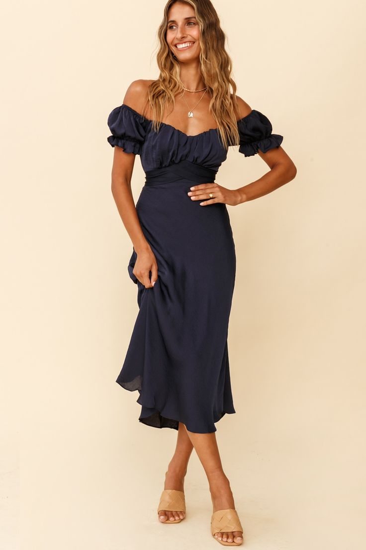 Linka Off-Shoulder Tie Back Midi Dress Navy Chic Fitted Off Shoulder Dress With Square Neck, Fitted Bodice Smocked Back Midi Dress, Fitted Off-shoulder Puff Sleeve Dress For Brunch, Fitted Bodice Midi Dress With Smocked Back, Midi Dress With Smocked Back And Fitted Bodice, Off-shoulder Puff Sleeve Dress For Date Night, Chic Off-shoulder Puff Sleeve Dress For Date Night, Square Neck Ruched Maxi Dress For Brunch, Chic Off Shoulder Dress With Ruched Bodice For Summer