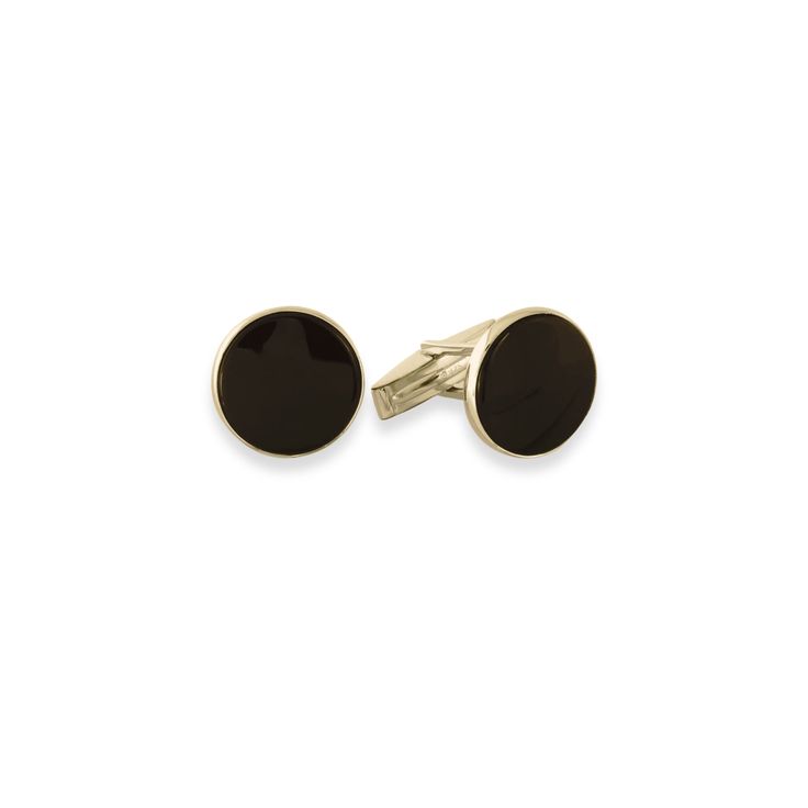 14K Gold Round Onyx Cufflinks Classic Black Business Cufflinks, Luxury Formal Jewelry With Polished Edges, Black Polished Jewelry For Business, Luxury Black Cufflinks For Formal Occasions, Black Luxury Cufflinks For Formal Occasions, Black Luxury Cufflinks For Formal Wear, Black Polished Finish Jewelry For Business, Elegant Black Cufflinks For Business, Classic Black Cufflinks For Formal Occasions