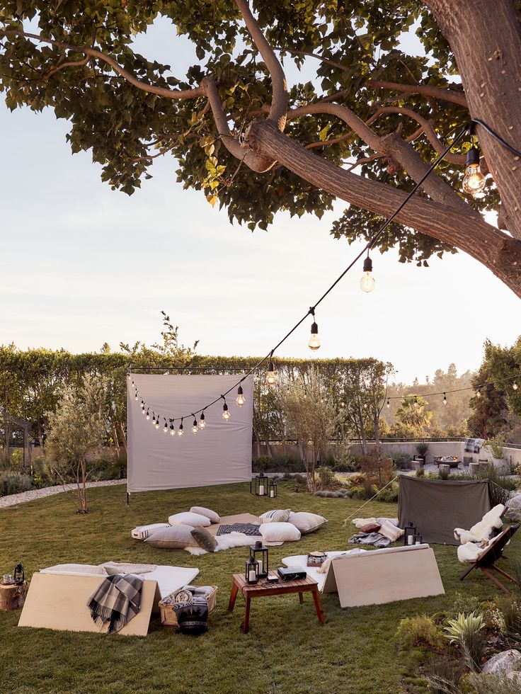 an outdoor movie is set up on the grass in front of a tree and string lights