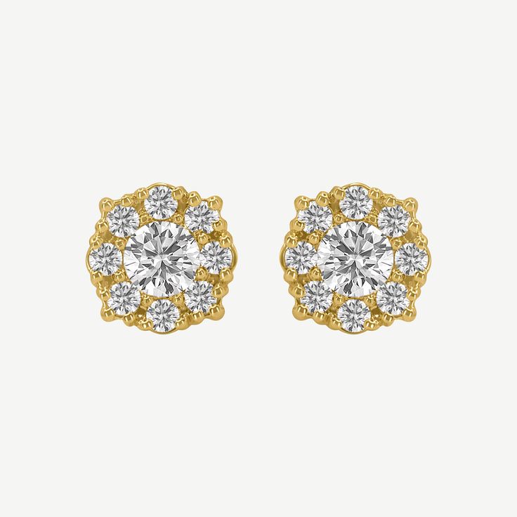 The cluster stud earrings are crafted in 14k solid yellow gold and set with 18 earth-mined round diamonds with an average carat weight of 0.37 carats. Yellow Gold Diamond Cluster Earrings With Halo, Timeless Cluster Earrings With Brilliant Cut Cubic Zirconia, Dazzling Diamond Cluster Earrings With Halo, Timeless Round Cluster Earrings With Brilliant Cut, Timeless 14k Gold Diamond Earrings With Halo Design, Dazzling Yellow Gold Diamond Earrings With Accents, Dazzling Diamond Halo Cluster Earrings, Timeless Round Brilliant Cut Cluster Earrings, Timeless 14k Gold Halo Diamond Earrings