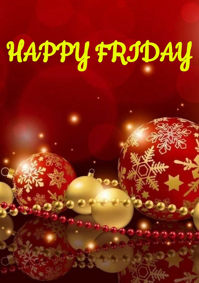 christmas balls and snowflakes on a red background with the words happy friday written below