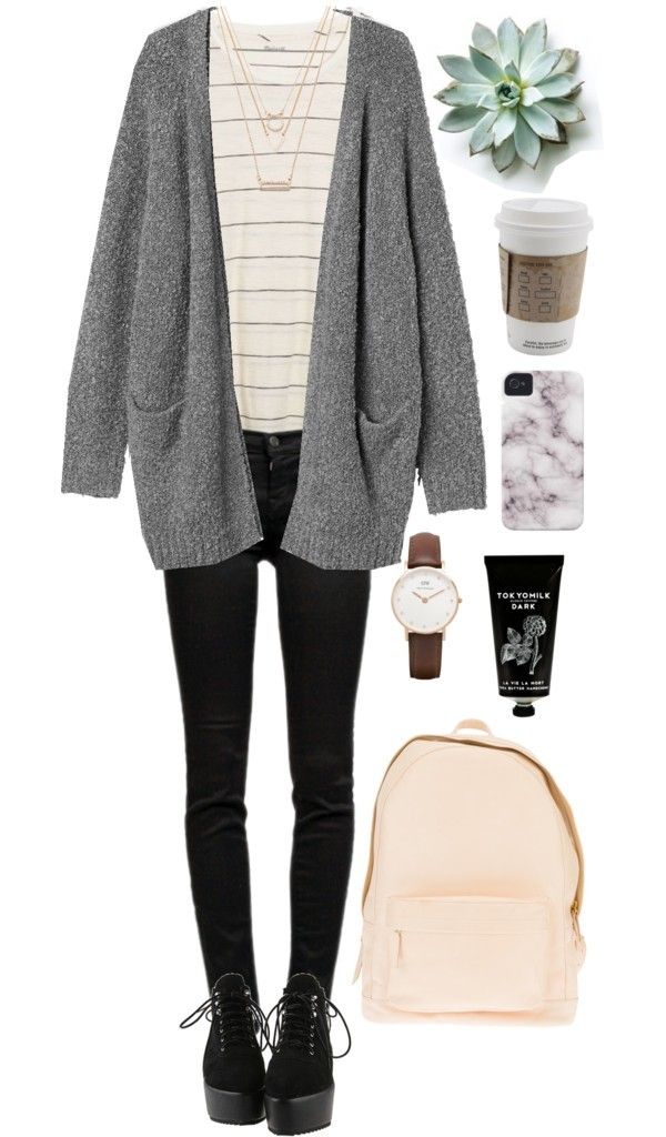 Grey Cocoon Cardigan / Madewell Striped Tee / Black Skinny Jeans / Black Suede Ankle Boots / DW Brown Strap Watch / Peach Backpack Nerdy Clothes Aesthetic, Nerdy Clothes, Nerdy Outfits, Disney Inspired Fashion, Look Plus Size, Cocoon Cardigan, Black Suede Ankle Boots, Leather Jacket Style, Winter Outfit Inspiration