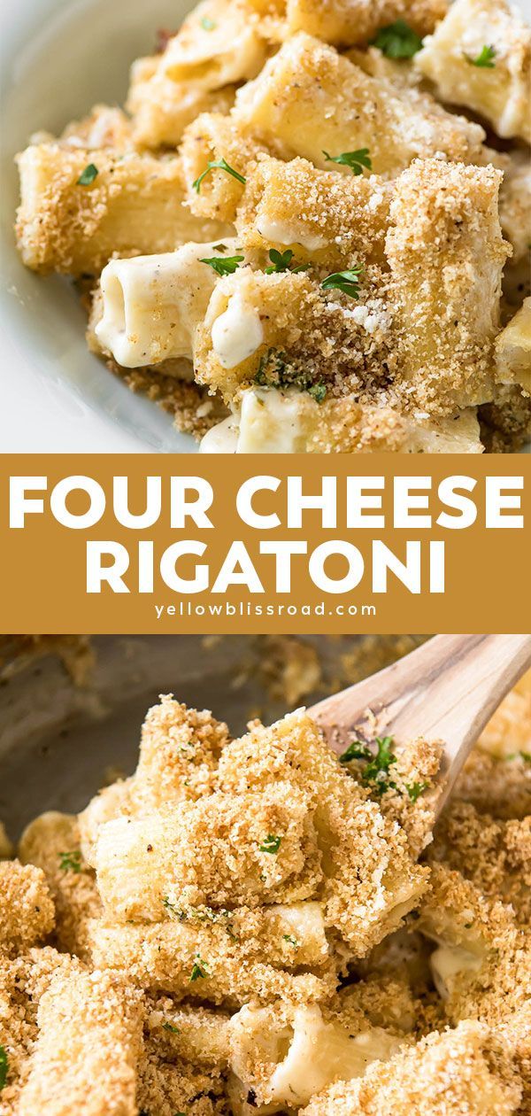 four cheese rigatoni in a white bowl with a wooden spoon on the side