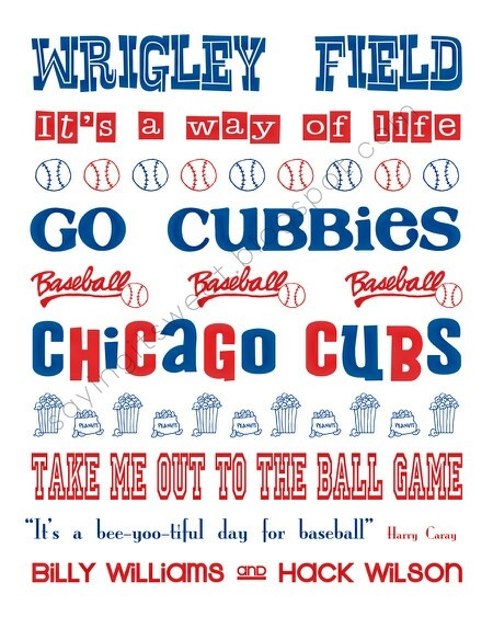 the chicago cubs poster is shown in red, white and blue with words that read wrigley field it's a way of life