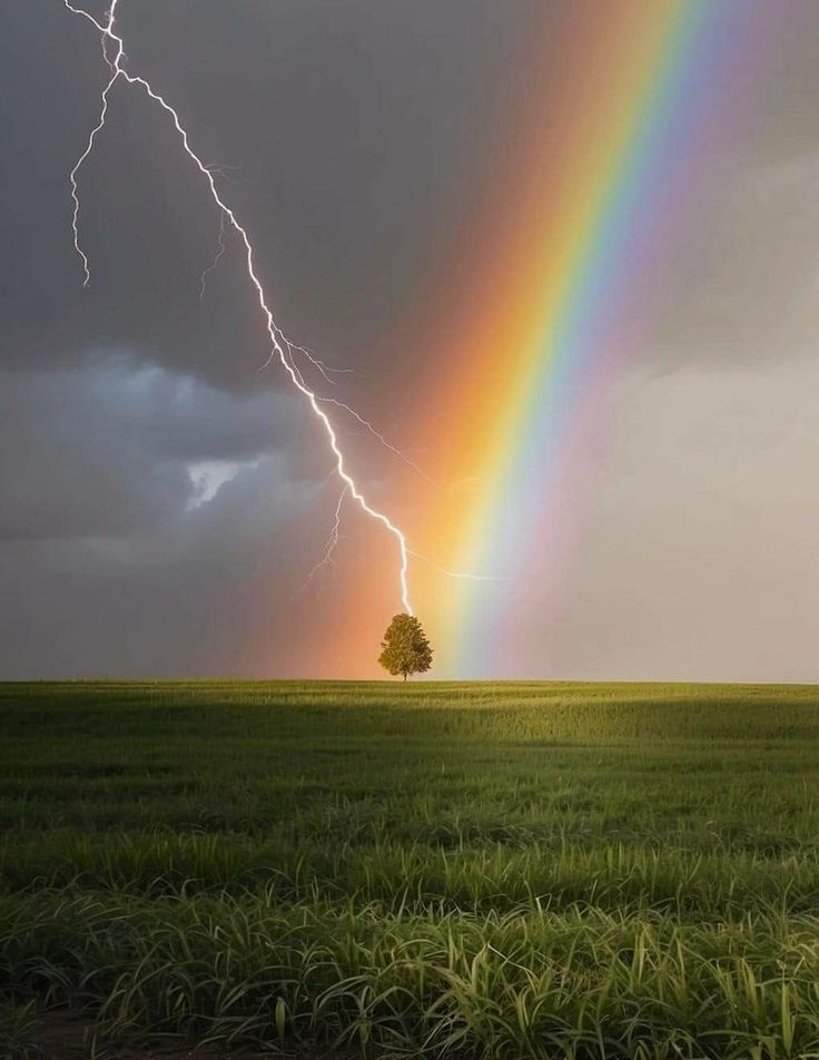 a rainbow appears in the sky over a field with a single tree and a lightning bolt