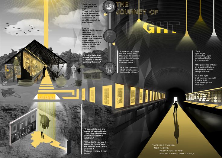 the journey of light is shown in this graphic art work, which includes an image of a person walking through a tunnel