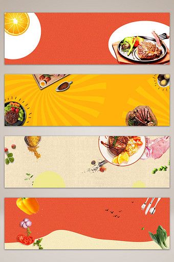 three horizontal banners with food items on them