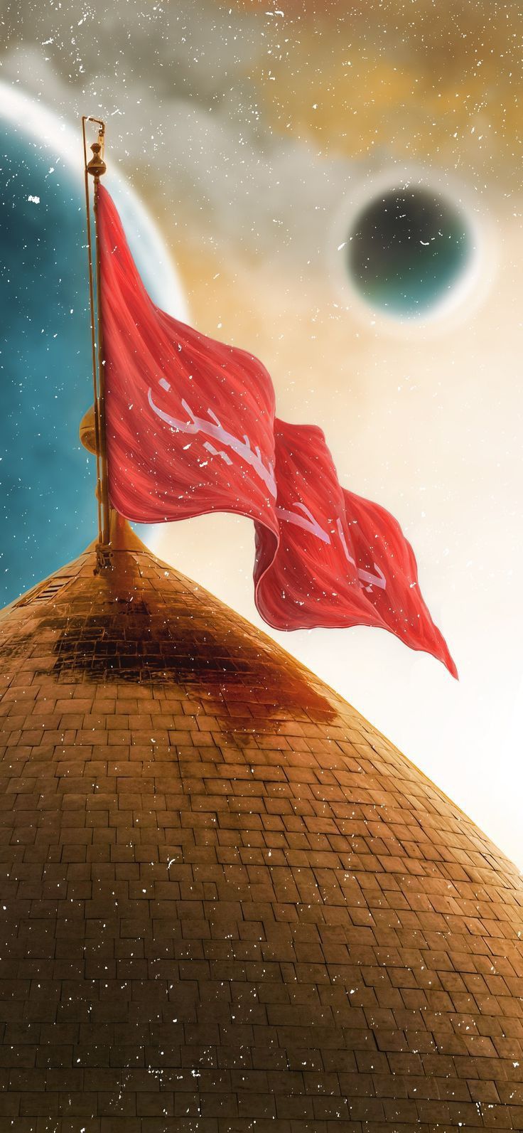 two red flags flying on top of a building in front of an earth like object