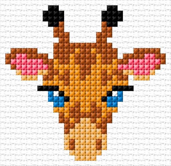 a cross stitch pattern of a giraffe's head with pink and blue eyes