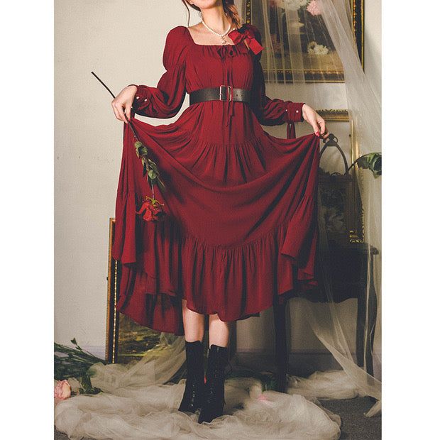 Wine red ball dance dress – remulia Red Fitted Dress For Theater, Fitted Red Theater Dress, Fitted Red Dress For Theater, Red Long Sleeve Dress With Ruffle Hem, Elegant Dress With Attached Cancan For Dance, Elegant Dresses With Ruffles For Dance, Elegant Ruffled Dresses For Dance, Vintage Red Flowy Dress, Elegant Burgundy Dress For Costume Party