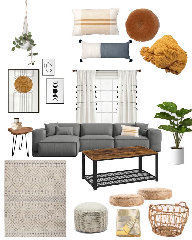 Modern chic boho living room mood board Dark Grey Boho Living Room, Modern Farmhouse Grey Couch Living Room, Boho With Grey Couch, Boho Living Room Gray Floors, Home Decor Grey Couch, Nuetral Pallete Interior Design, Livingrooms Design Ideas Grey Couch, Boho Grey Couch, Black White And Grey Boho Living Room