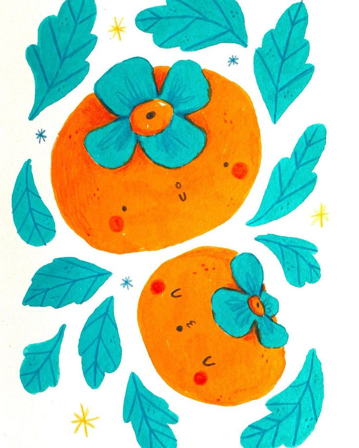 two oranges with blue flowers and leaves on them are shown in an artistic manner