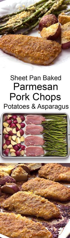 sheet pan baked parmesan pork chops with potatoes and asparagus on the side