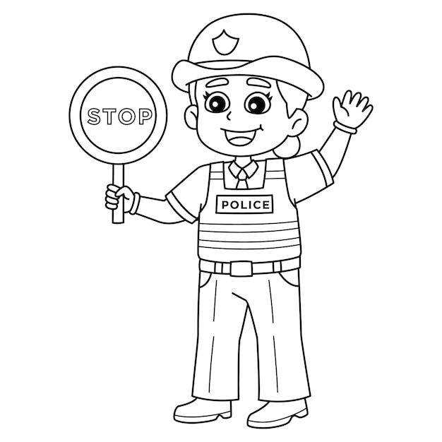 a police officer holding a stop sign in his hand and waving to the crowd coloring page