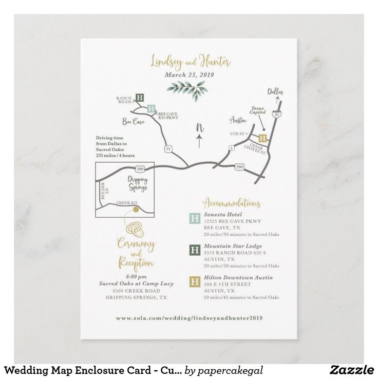 the wedding map is shown on a white card with gold foil lettering and green leaves