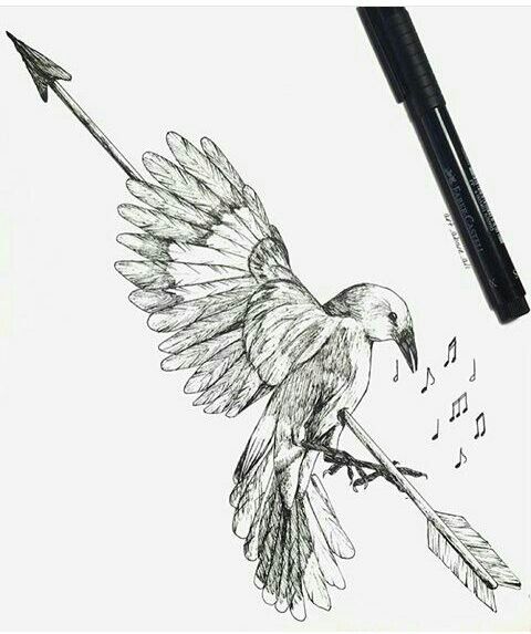 a drawing of a bird with an arrow in its beak