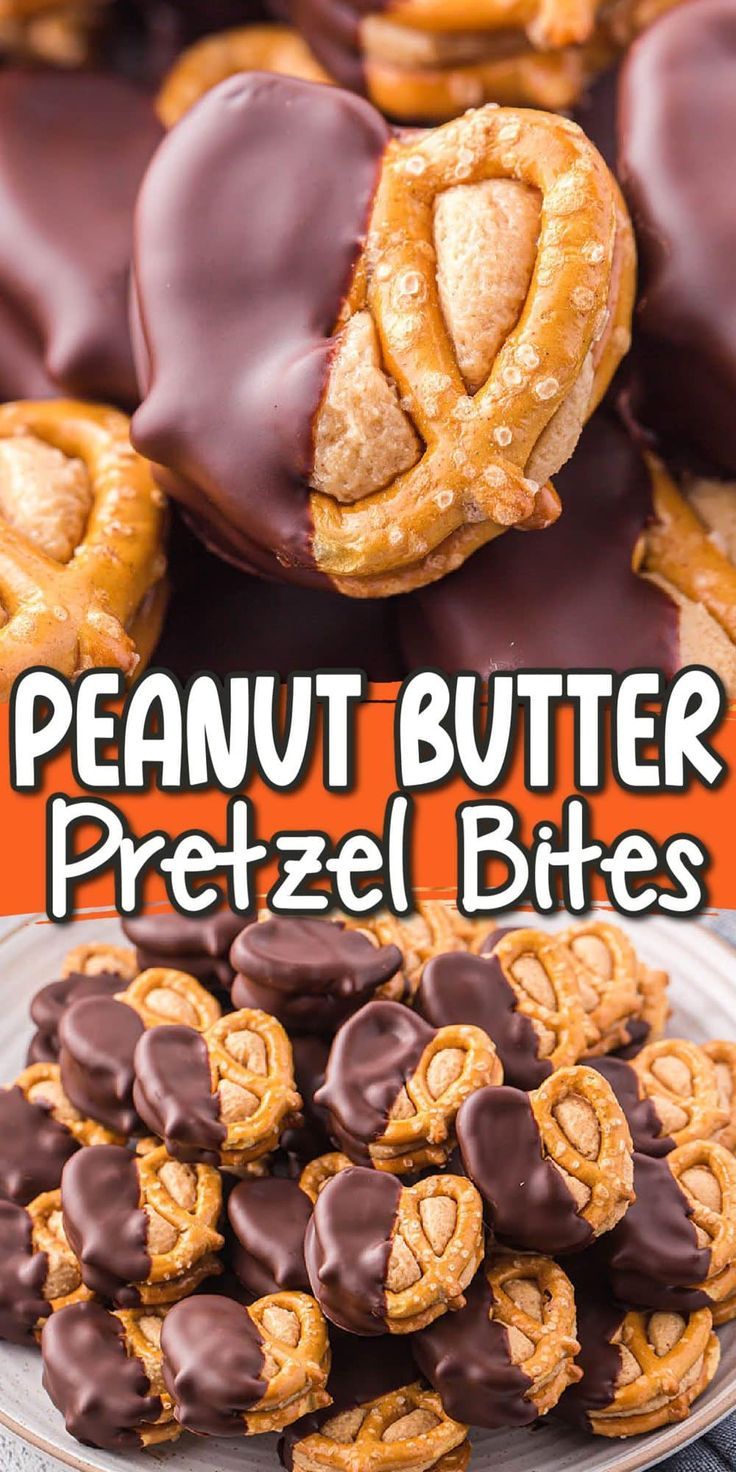 peanut butter pretzel bites on a plate with chocolate