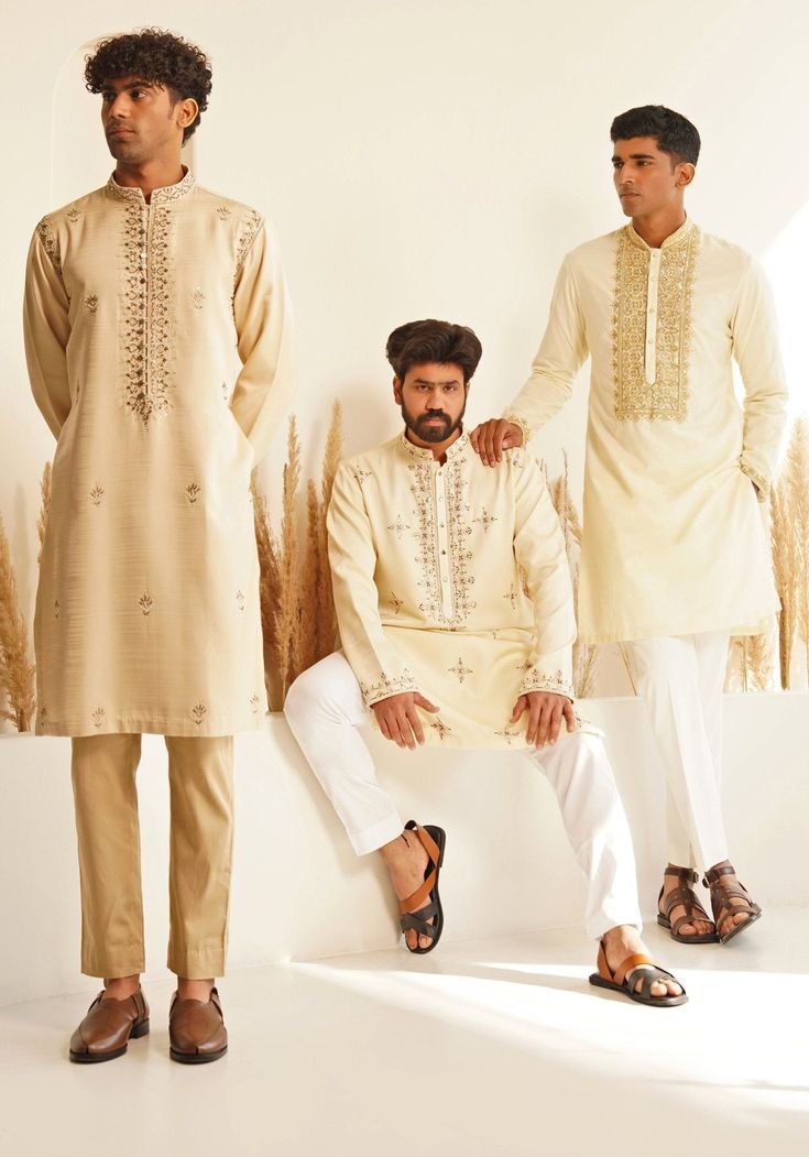 Ivory And Gold Silk Kurta Set Shreyansh - Fabilicious Fashion Luxury Beige Bandhgala For Reception, Minimal Wedding Guest Outfit Indian, Traditional Designer Kurta With Embroidered Cuffs, Designer Embroidered Cuff Kurta For Eid, Ivory Kurta For Men, Traditional Set With Straight Kurta And Embroidered Cuffs, Traditional Straight Kurta Set With Embroidered Cuffs, Designer Stand Collar Kurta For Festive Occasions, Designer Festive Kurta With Stand Collar