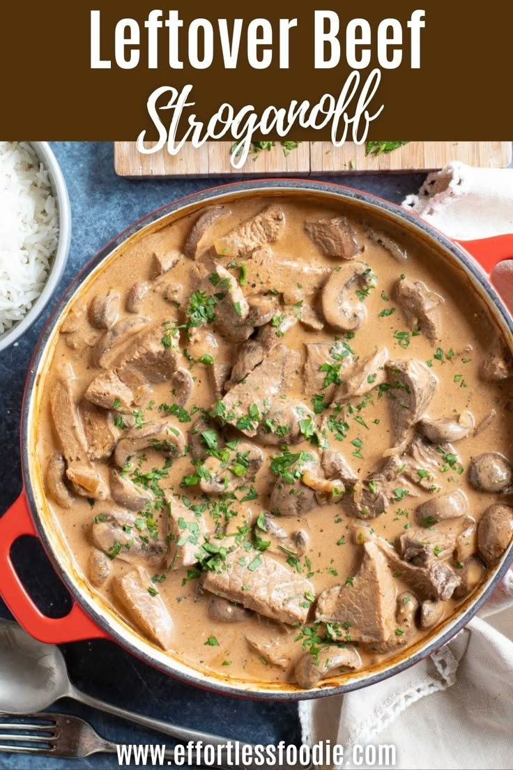 beef and mushroom stew in a skillet with rice, parsley on the side