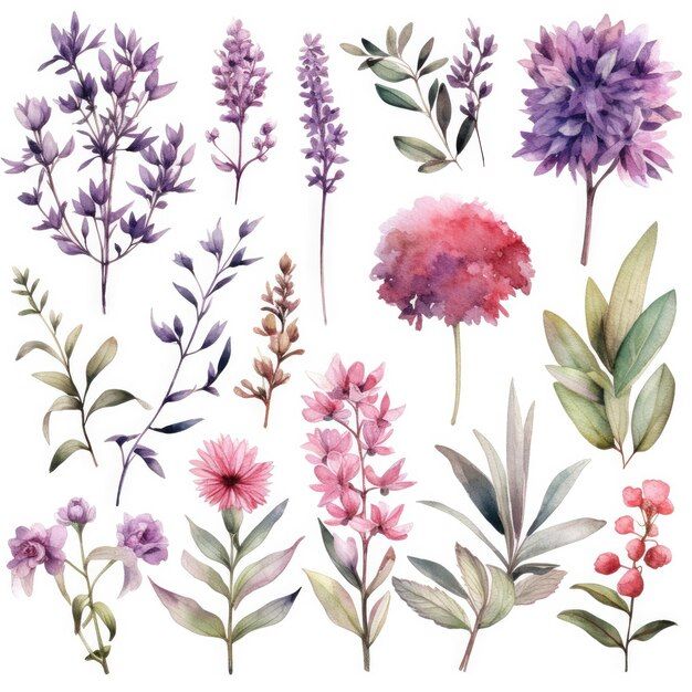 watercolor flowers and leaves are shown in different colors on the white background, including pinks, purples, and green