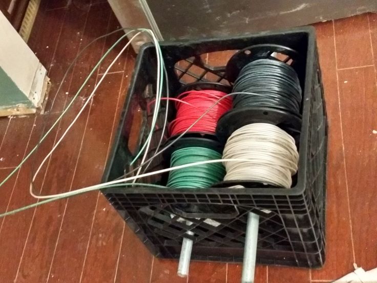 several spools of wire in a basket on the floor