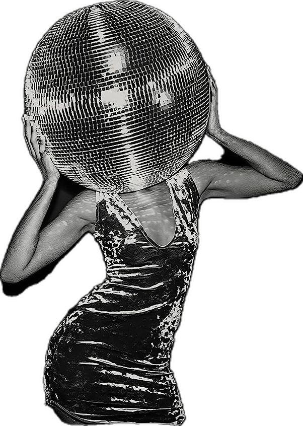 a woman holding a disco ball on her head