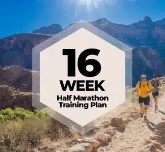 two people are running on a trail with the words 16 week half marathon training plan