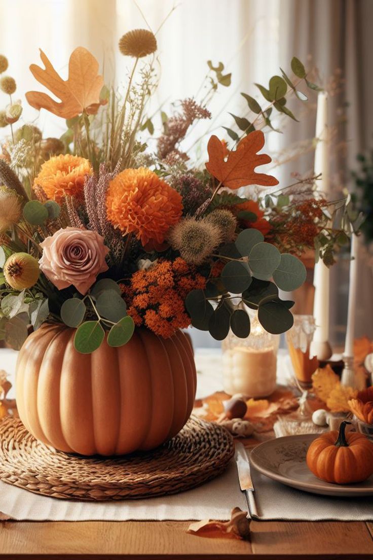 an arrangement of flowers and foliage in a pumpkin shaped vase on a dining room table