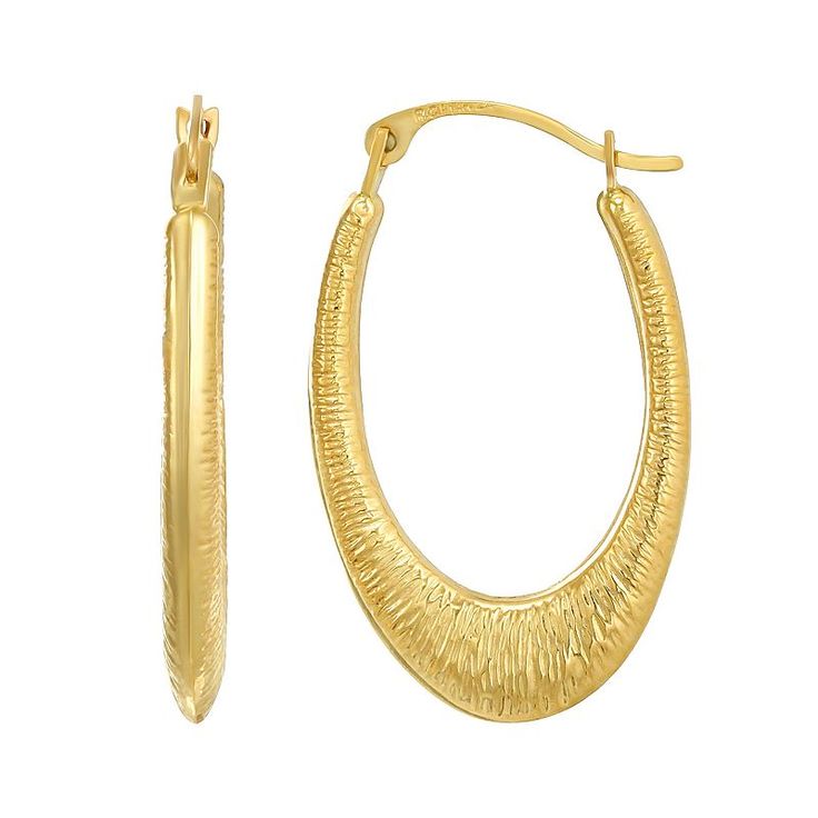 Add a fashionable touch to any ensemble with these Forever 14K 14k gold textured oval hoop earrings. Click on this JEWELRY & WATCHES GUIDE to learn about fit, styles, materials and more! Add a fashionable touch to any ensemble with these Forever 14K 14k gold textured oval hoop earrings. Click on this JEWELRY & WATCHES GUIDE to learn about fit, styles, materials and more! FEATURES Dimensions: 18.75 mm x 22.5 mm x 2 mm Backings: click-it Nickel free Metal: 14k gold Finish: polished Packaging: boxe 14k Gold Oval Hoop Earrings, Oval 14k Gold Hoop Earrings, Elegant Yellow Gold Oval Link Hoop Earrings, Elegant Oval Hoop Earrings Hallmarked, Elegant Oval Hallmarked Hoop Earrings, Yellow Gold Oblong Hoop Earrings, Elegant 14k Gold Oval Hoop Earrings, Classic Hammered Oval Jewelry, Elegant Yellow Gold Oblong Hoop Earrings