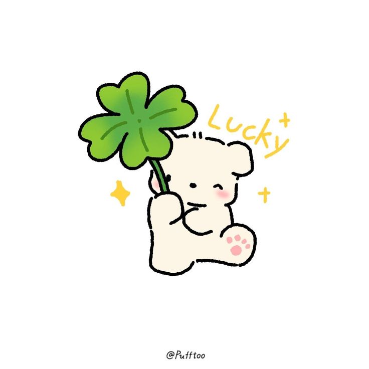 a white teddy bear holding a four leaf clover with lucky written on it's chest