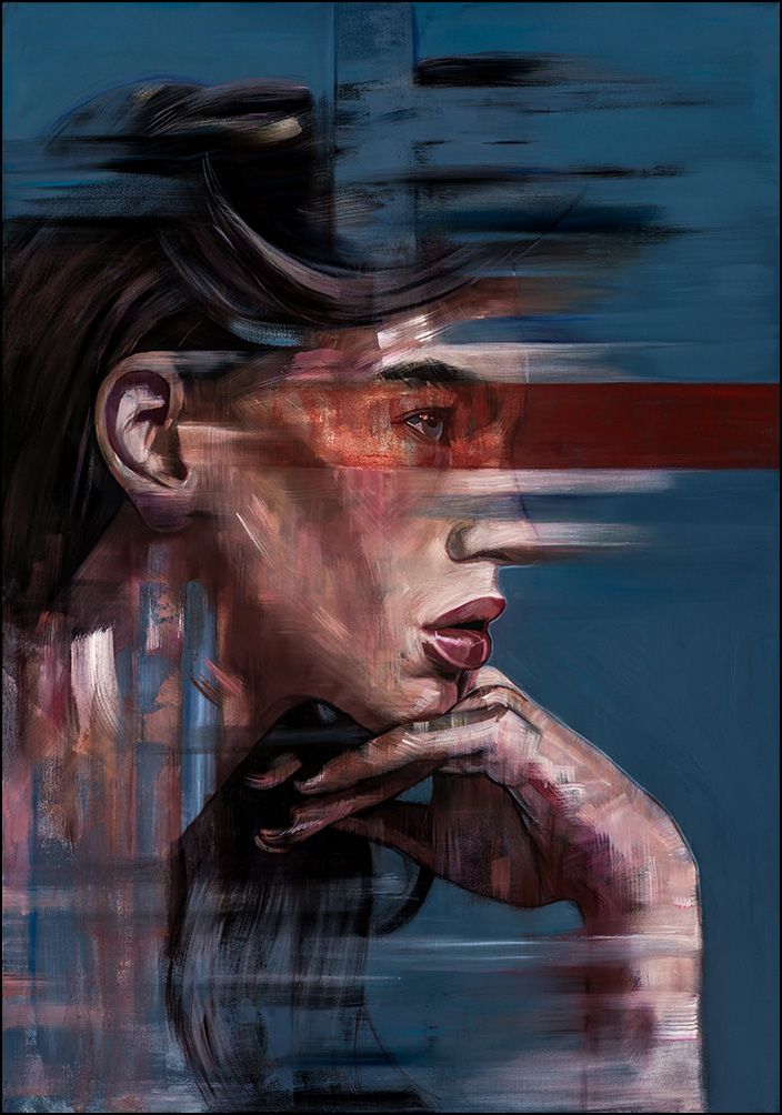 a digital painting of a woman's face with her hand on her chin and the background is blurry