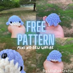 three pictures of a hand holding a blue and white crocheted stuffed animal with the words free pattern on it