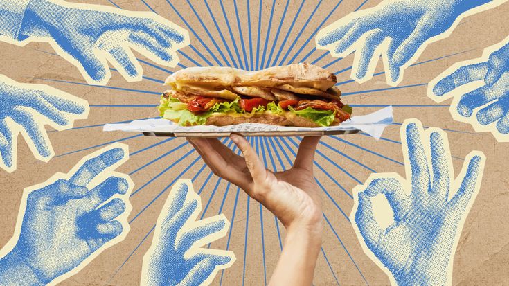 a person holding up a sandwich in front of an image of hands reaching for it