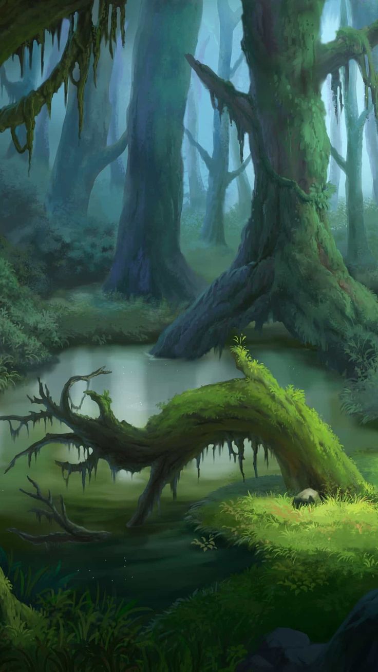 a painting of a swampy area with moss growing on the trees