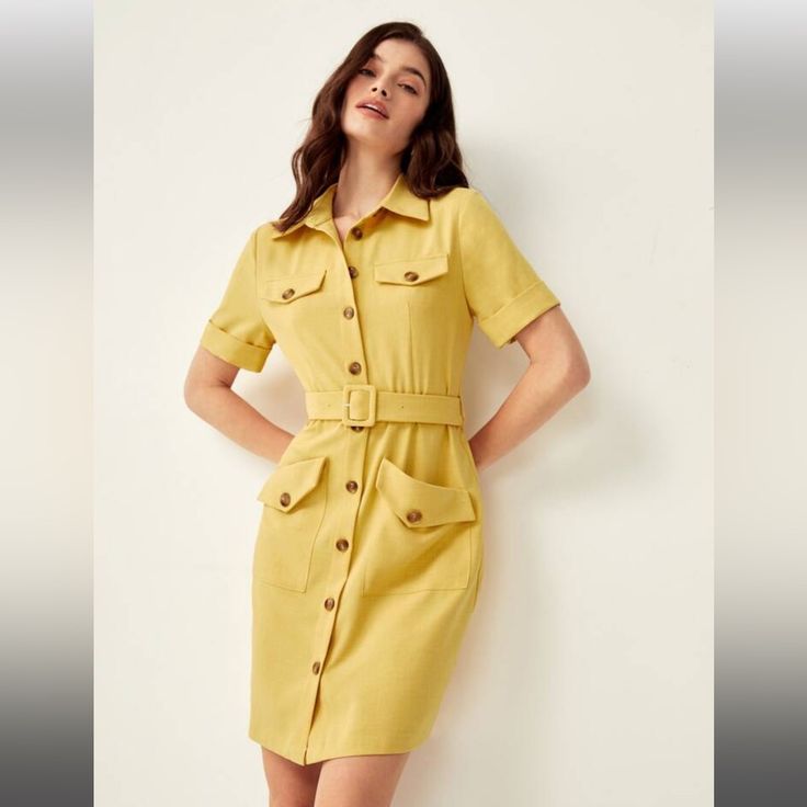 Size Large Never Worn Dress And Belt, Safari Dress, Shein Dress, Belted Shirt Dress, Belted Shorts, Short Mini Dress, Plain Shirts, Roll Up Sleeves, Yellow Fashion