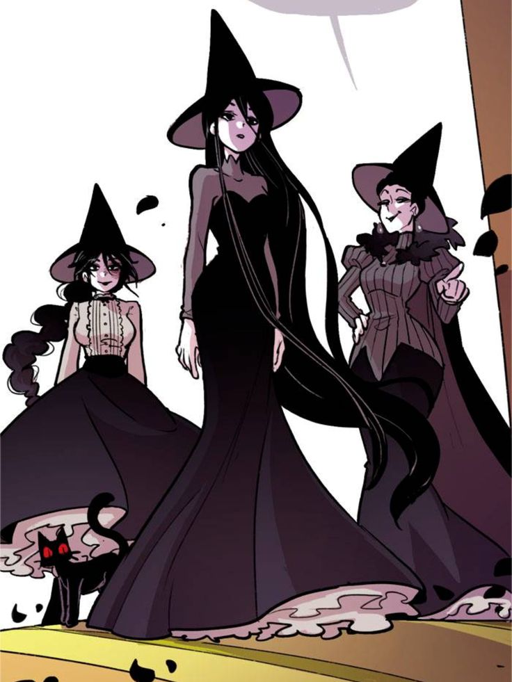 three witches are standing in front of a mirror and one is wearing a long black dress