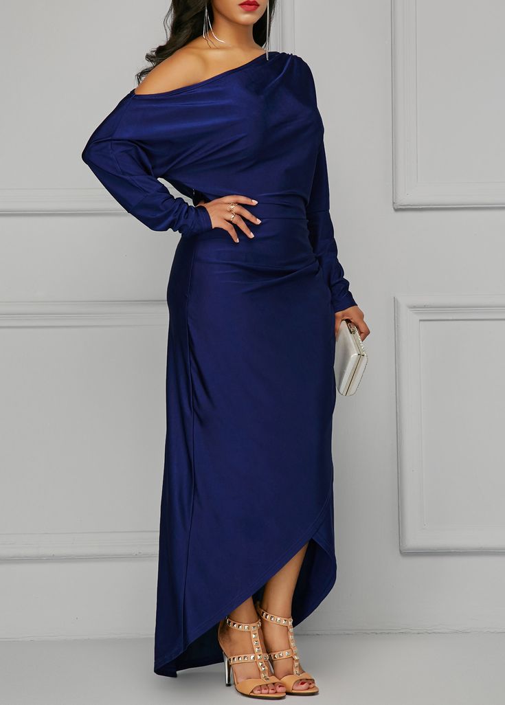 Skew Neck Long Sleeve Maxi Dress | Rosewe.com - USD $34.69 Dramatic Dresses, Rehearsal Dinner Outfits, Chic And Curvy, Kente Styles, Dresses Club, Long Blue Dress, Club Party Dresses, Spandex Dress, Navy Blue Dress