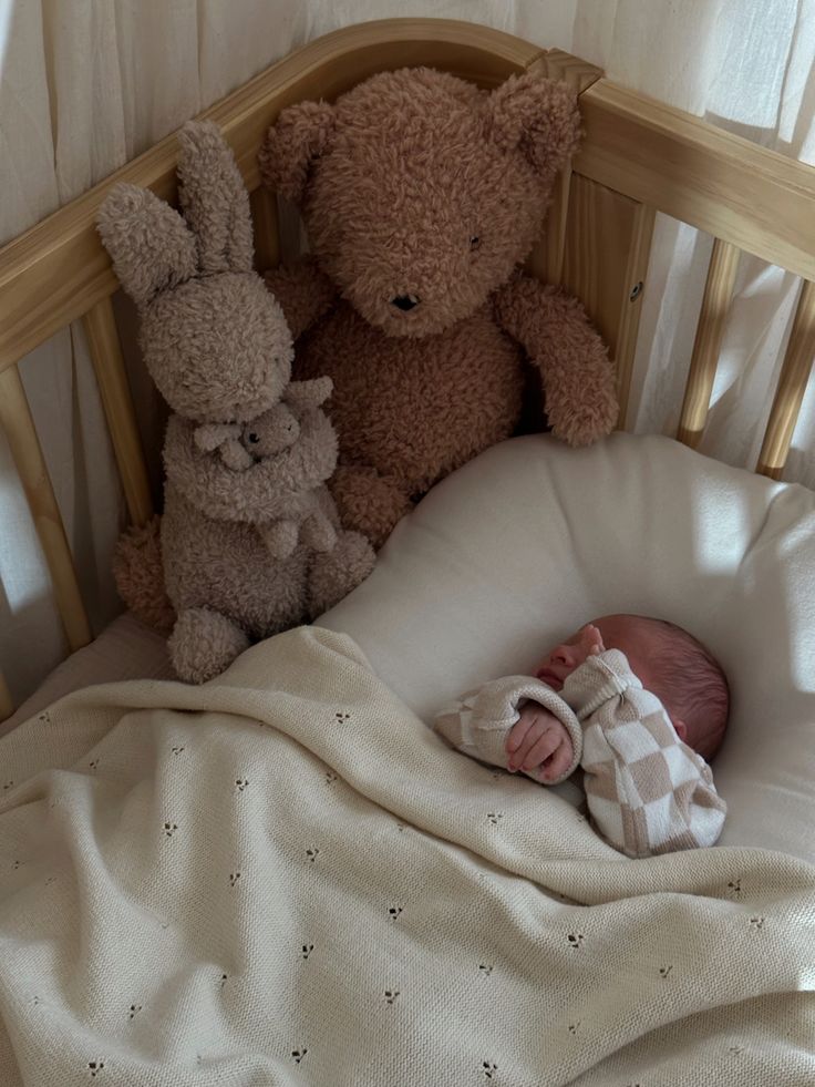 a baby in a crib next to two stuffed animals