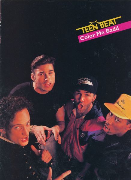 a group of men standing next to each other in front of a black background with the words teen beat color me bad written on it