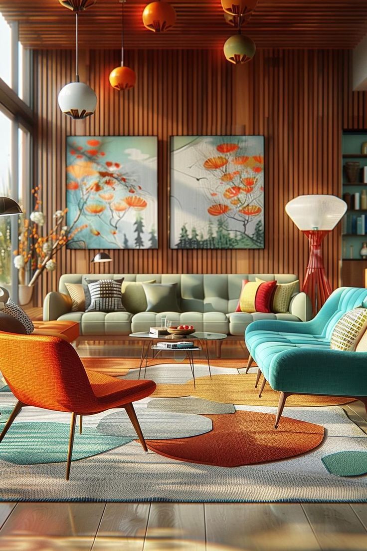 a living room filled with lots of furniture next to a large painting on the wall