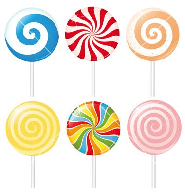 four lollipops are shown in different colors and sizes on a white background