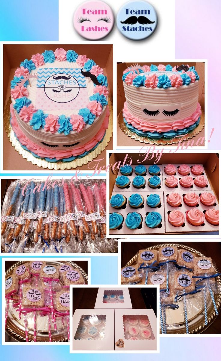 a collage of cakes, cupcakes and candies