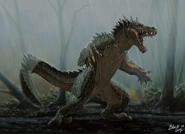 an image of a dinosaur that is walking in the rain with its mouth wide open