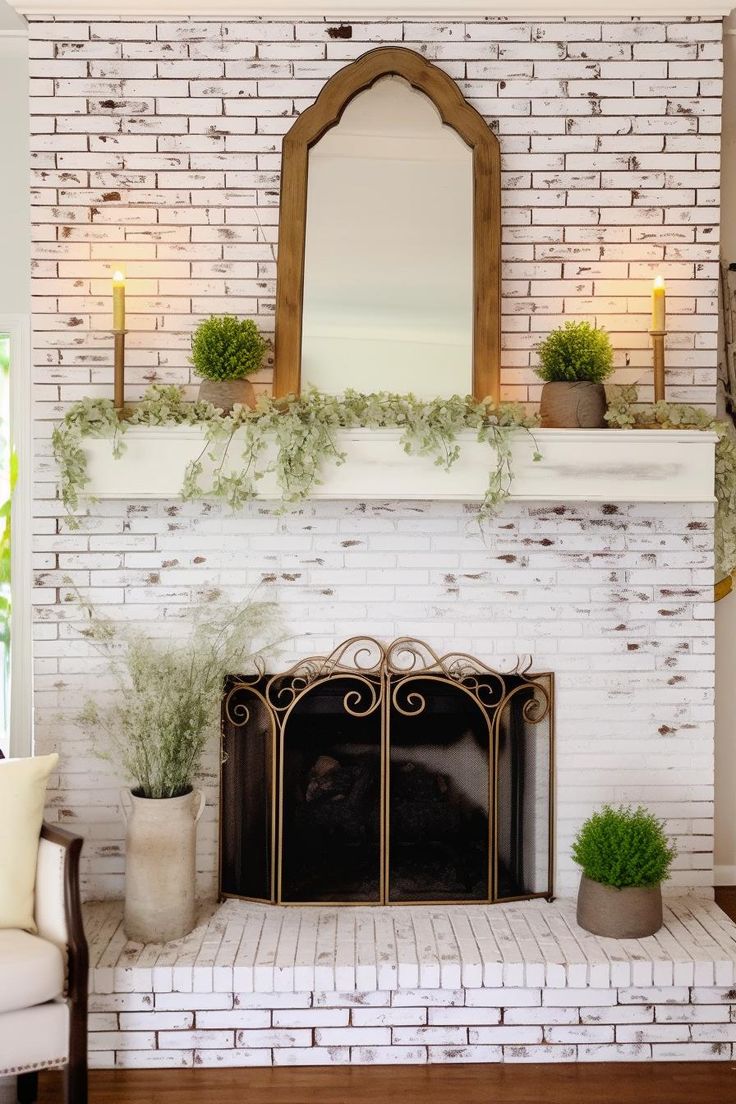 a white brick fireplace with potted plants on the mantel and mirror above it