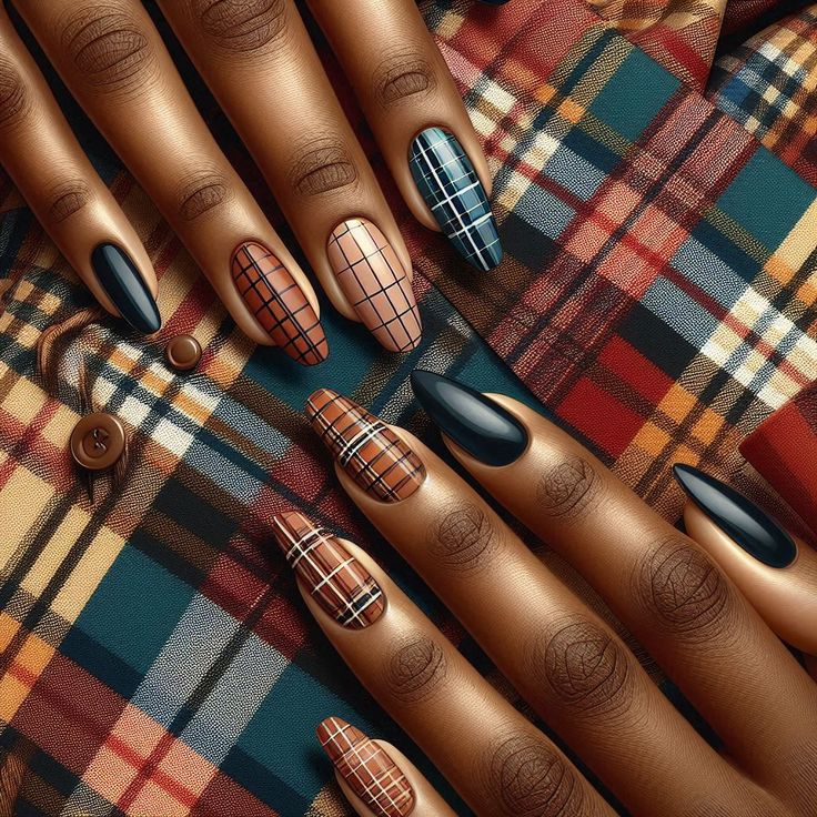 Add a timeless touch to your manicure with our Checks Pattern Nail Art tutorial. This design features clean, crisp lines that create a stylish checkerboard effect, blending classic elegance with modern flair. Whether you prefer a traditional black-and-white palette or want to experiment with bold colors, this versatile nail art is perfect for any occasion. Our easy-to-follow tutorial will guide you through creating the perfect checks pattern, giving your nails a chic and polished look. Burnt Orange Plaid Nails, Gold Checkered Nails, Houndstooth Nail Art, Two Colour Nails Color Combos, Checkerboard Nail Designs, Black And White Plaid Nails, Black And Brown Nails, Checkerboard Nails, Two Color Nails